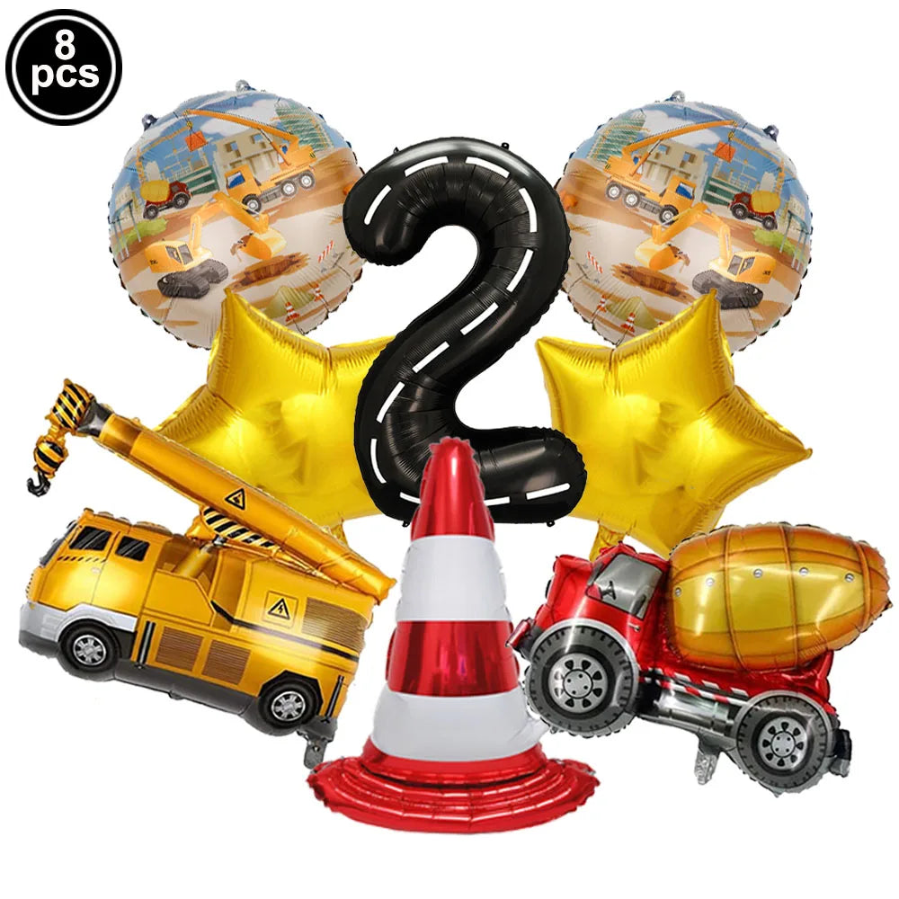 Eight construction truck foil balloons and a number two balloon set for birthday party decor