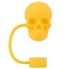 Yellow reusable silicone straw covers shaped like a skull with a flexible connector.