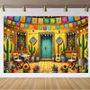 A vibrant Mexican carnival theme backdrop banner featuring cacti, colorful banners, and a wooden door.