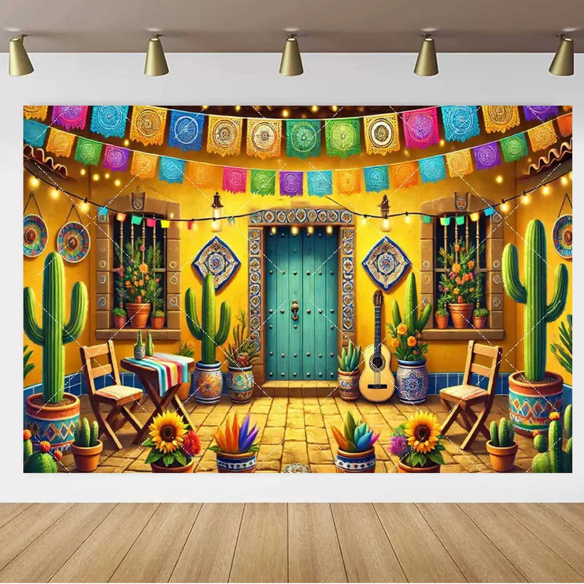 A vibrant Mexican carnival theme backdrop banner featuring cacti, colorful banners, and a wooden door.