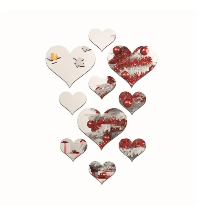 A set of heart-shaped 3D acrylic mirror wall stickers featuring various scenic and festive designs.