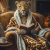 A majestic leopard sits in a golden armchair wrapped in a white scarf, looking directly at the viewer.