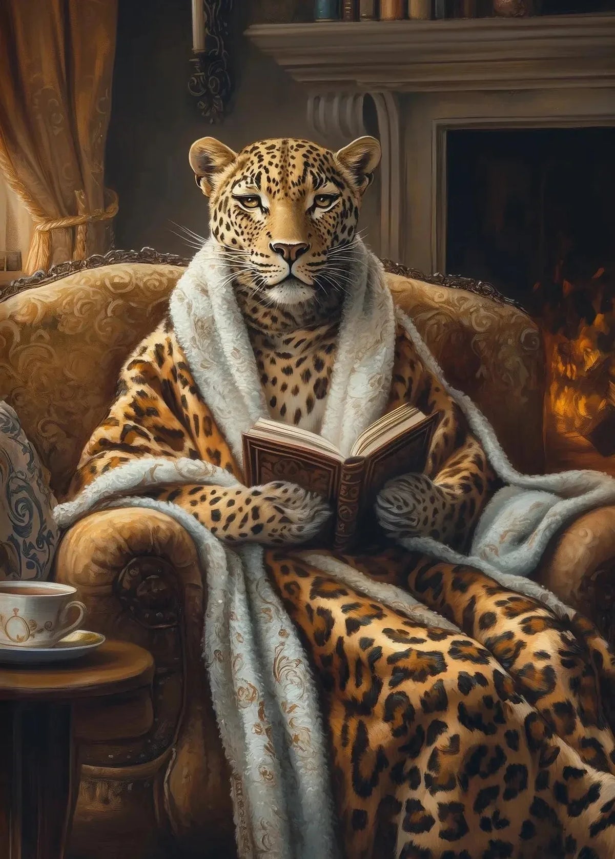 A majestic leopard sits in a golden armchair wrapped in a white scarf, looking directly at the viewer.