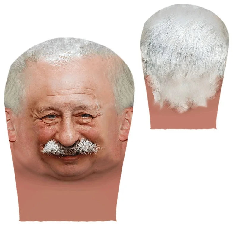 A double-sided full face balaclava mask shown in a close-up view with a man's face and a bald head.