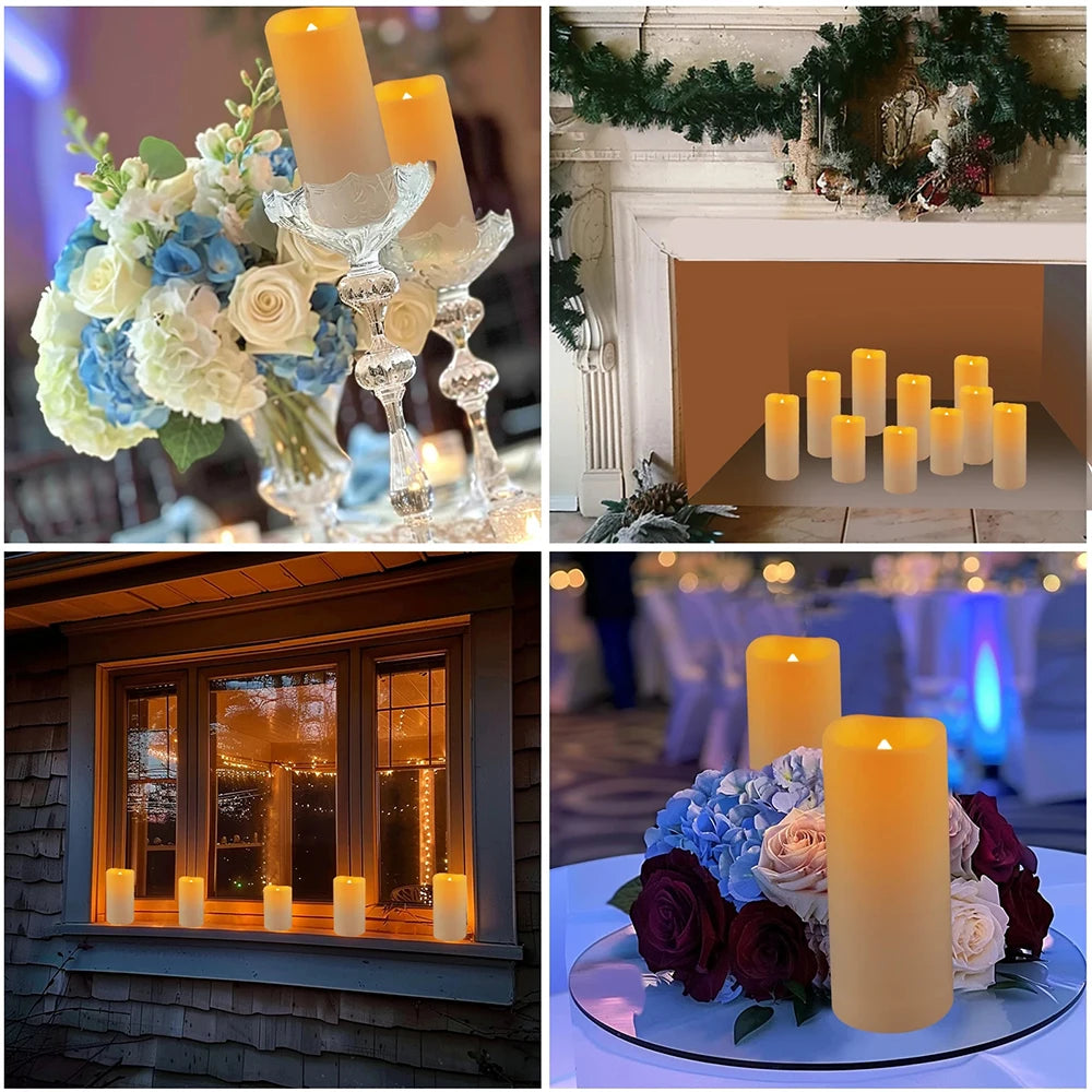 A close-up of glowing yellow and white LED candles arranged in a floral centerpiece on a glass dish.