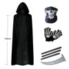 Black Grim Reaper costume set including a flowing cape, skull mask, and a large knife.