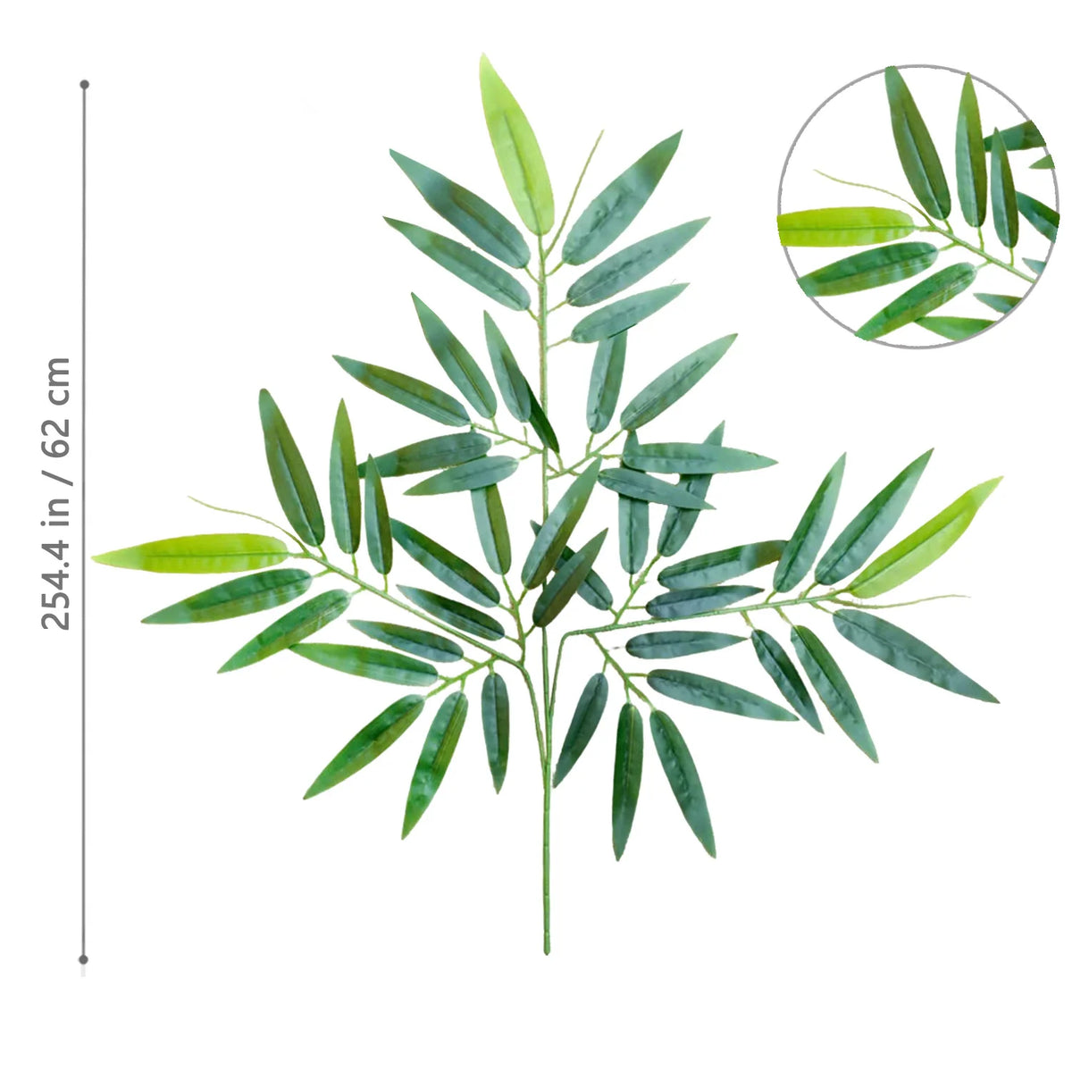 A branch of artificial bamboo with green leaves shown in a vertical layout and a magnified view.