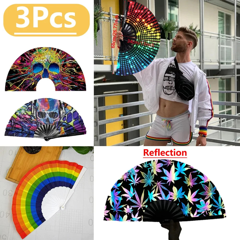 A folding bamboo hand fan with a rainbow design is shown in various angles and under reflection.