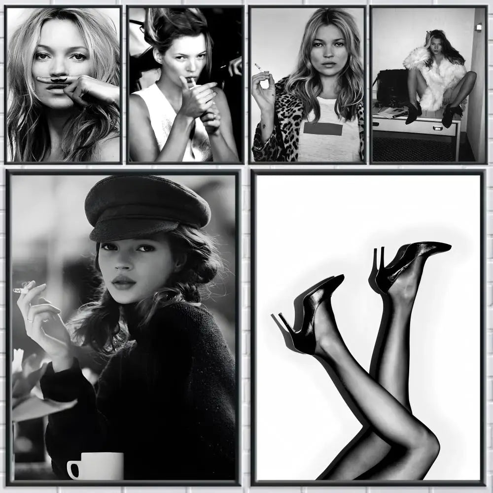 A collage of various portraits featuring Kate Moss, including close-ups and full shots.