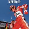 A vintage Formula 1 driver in a red and white racing suit is shown with the Marlboro logo, set against a blue sky.