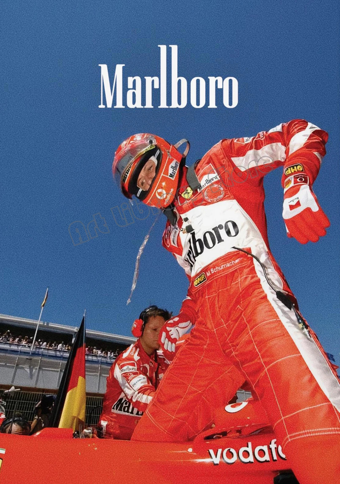 A vintage Formula 1 driver in a red and white racing suit is shown with the Marlboro logo, set against a blue sky.