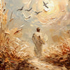Peinture à l'huile d'une figure solitaire dans un champ avec des oiseaux volant contre un ciel lumineux et brumeux.