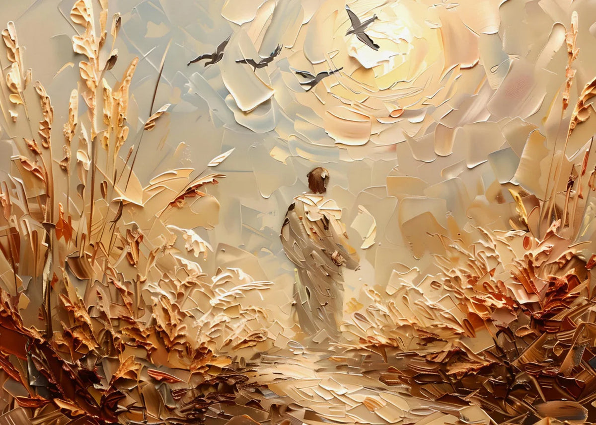 Peinture à l'huile d'une figure solitaire dans un champ avec des oiseaux volant contre un ciel lumineux et brumeux.