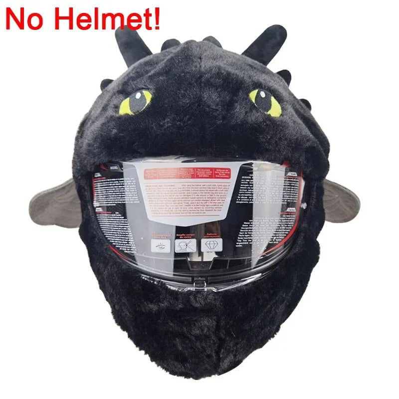A black cartoon plush helmet cover with yellow eyes is shown against a white background.