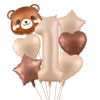 A set of foil balloons featuring a cute bear and the number one in caramel gold color.