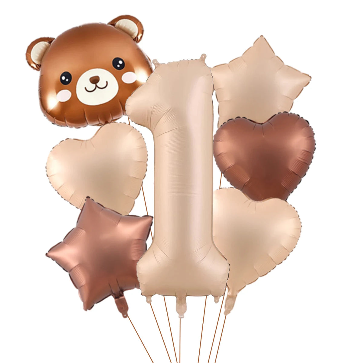 A set of foil balloons featuring a cute bear and the number one in caramel gold color.