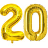 Large gold foil balloon shaped like the number 20 for celebrations