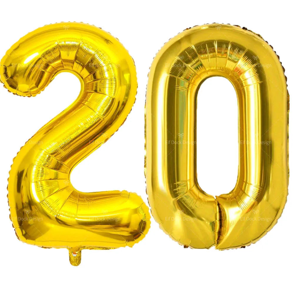 Large gold foil balloon shaped like the number 20 for celebrations