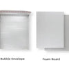 A collection of various packaging materials including a plastic bag, bubble envelope, foam board, and cardboard box.