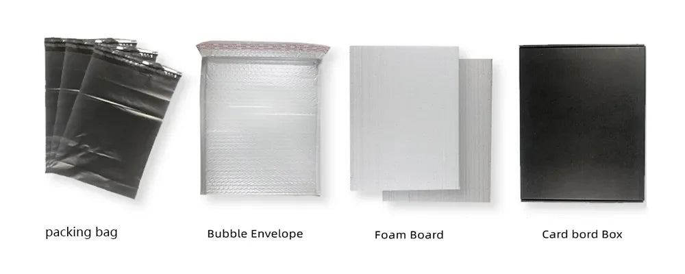 A collection of various packaging materials including a plastic bag, bubble envelope, foam board, and cardboard box.