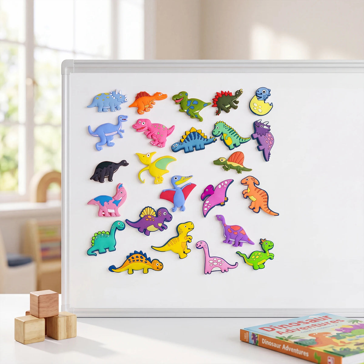A collection of colorful dinosaur fridge magnets displayed on a white board next to wooden blocks.