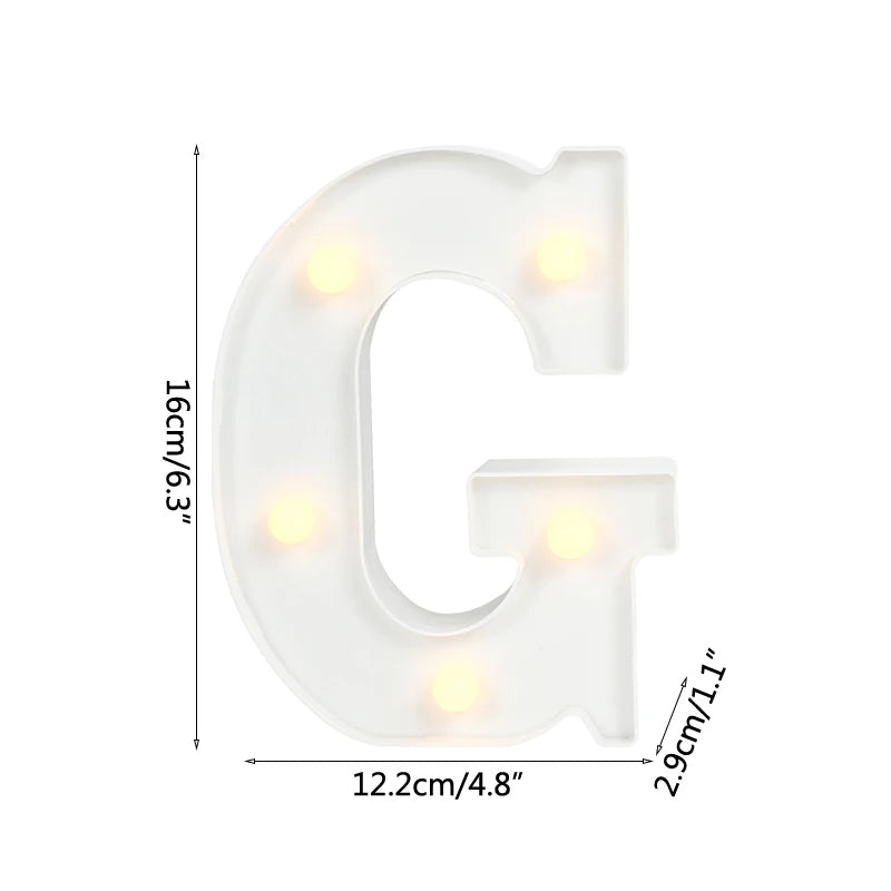 A white alphabet letter light shaped like the letter G, featuring warm white LED lights.
