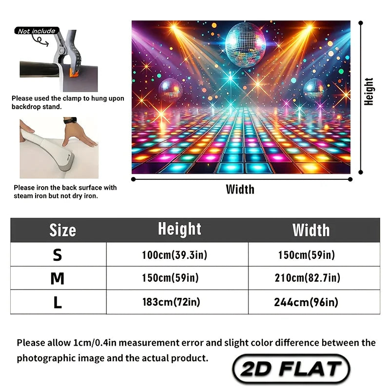 A vibrant disco dance floor backdrop banner featuring a reflective grid pattern and bright lights.