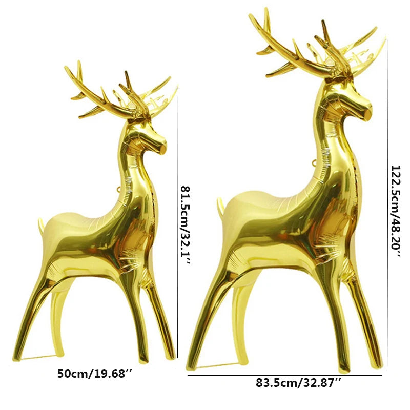 A set of two gold foil balloons shaped like standing deer for festive decorations.