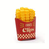A red container filled with yellow french fry shaped sealing clips.