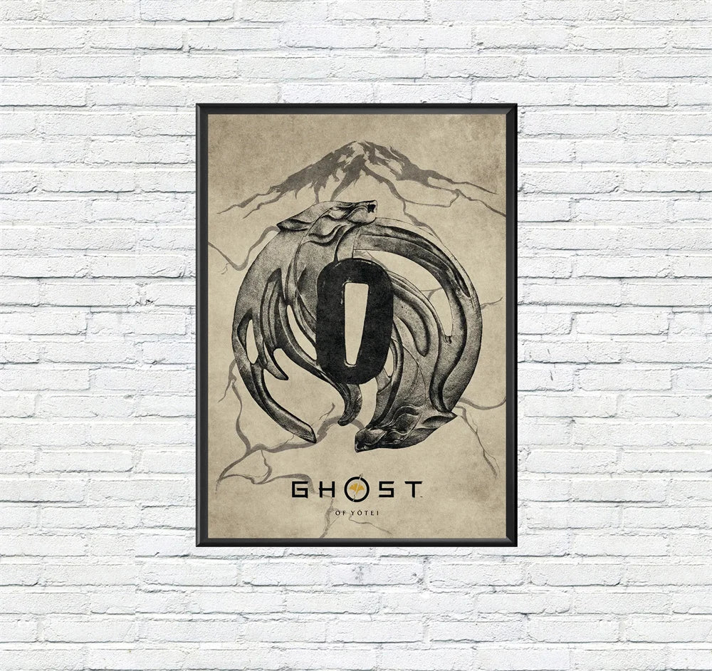 A canvas print featuring a stylized samurai dragon head and a mountain silhouette in sepia tones.
