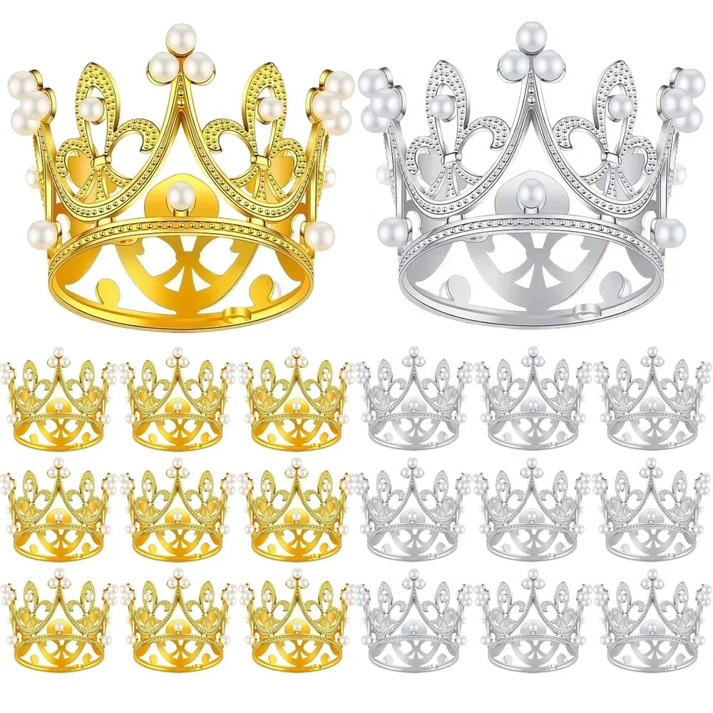 A set of mini pearl and silver crown cake toppers and decorations for weddings and birthdays