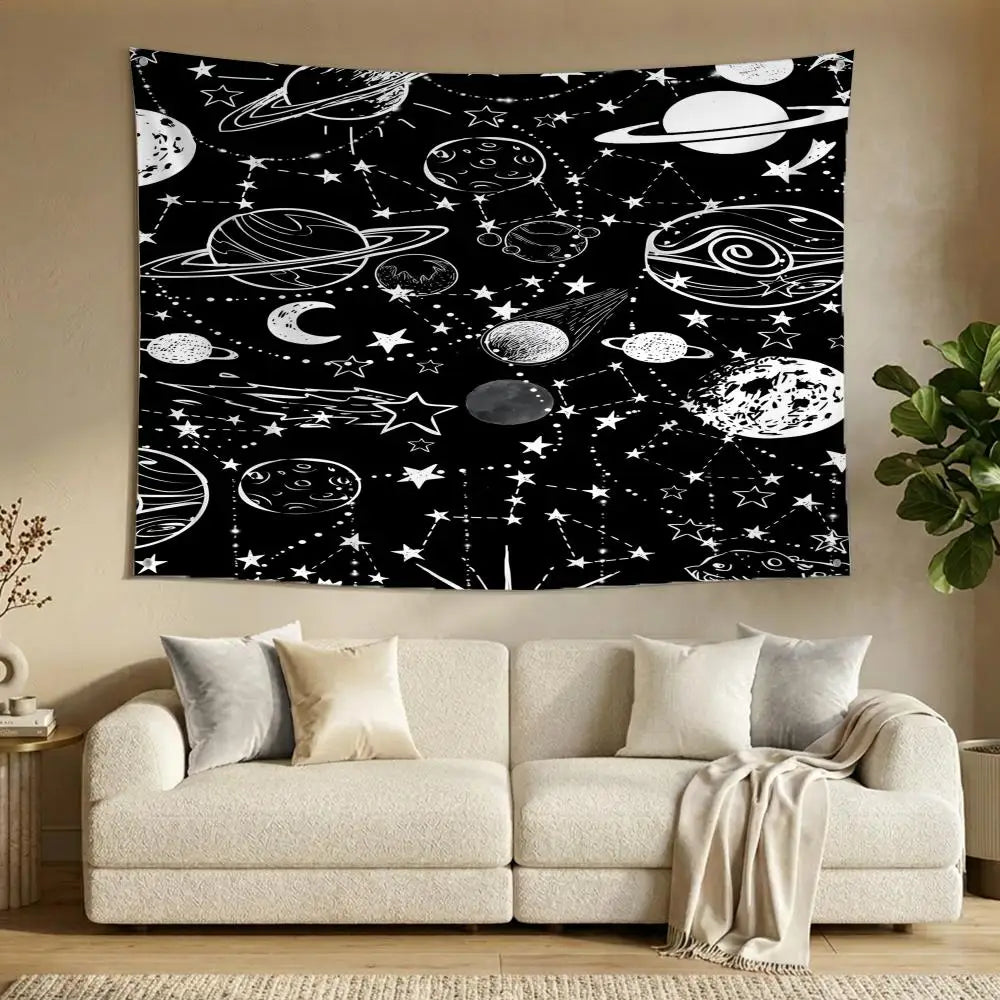 A black banner featuring white illustrations of various planets, moons, and celestial bodies for sun and moon astrology decor