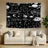 A black banner featuring white illustrations of various planets, stars, and the moon for sun and moon astrology decoration
