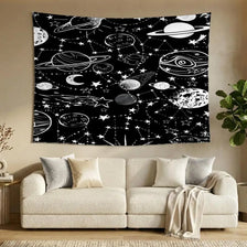 A black banner featuring white illustrations of various planets, stars, and the moon for sun and moon astrology decoration