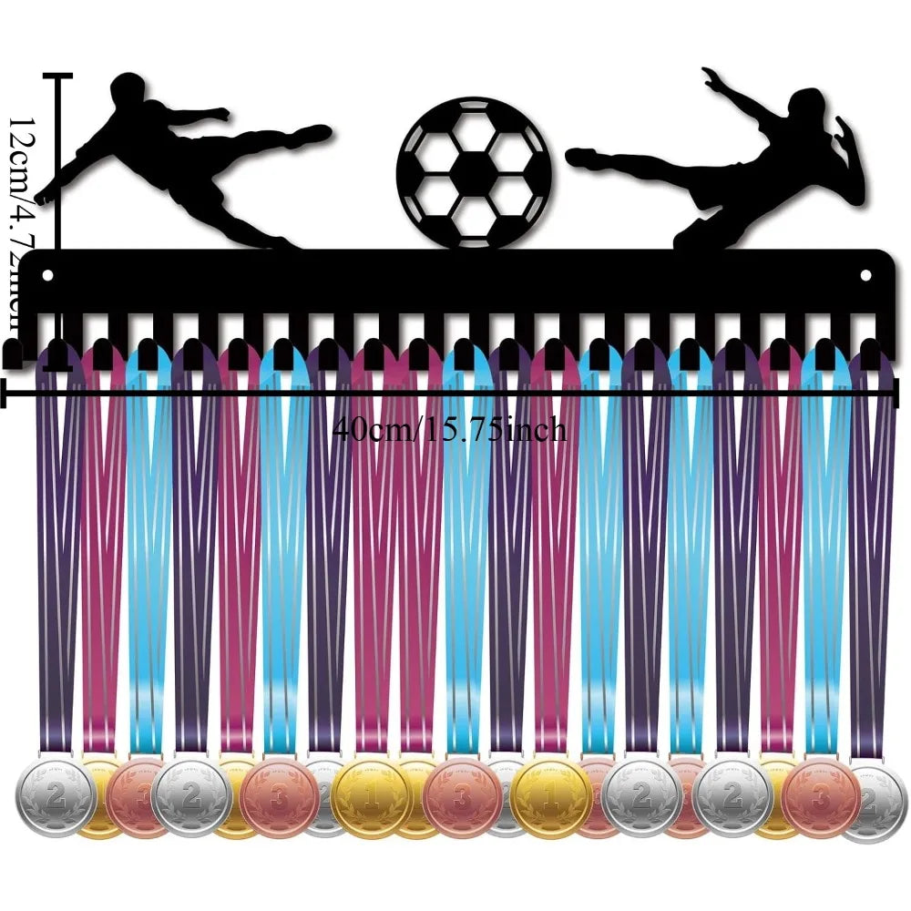 Metal medal display rack with 20 hooks for wall mounting featuring various colored medals.