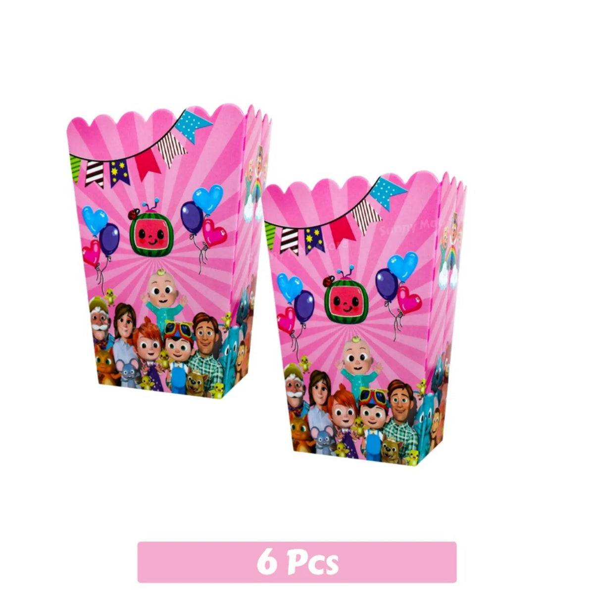 A pink box of Cocomelon party supplies kit featuring balloons and tableware.