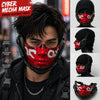 A person wearing a red and black cyber mesh mask with a prominent nose piece and eye openings.