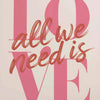 A pink script design featuring the words all we need is love in various font sizes.