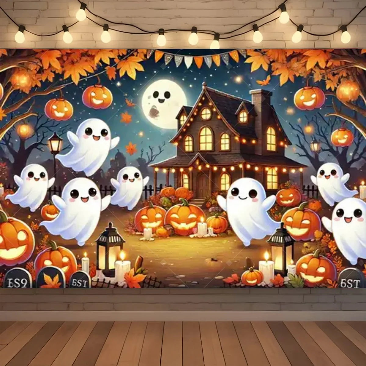 A Halloween neon backdrop featuring pumpkins, bats, and skulls for a photo booth background.