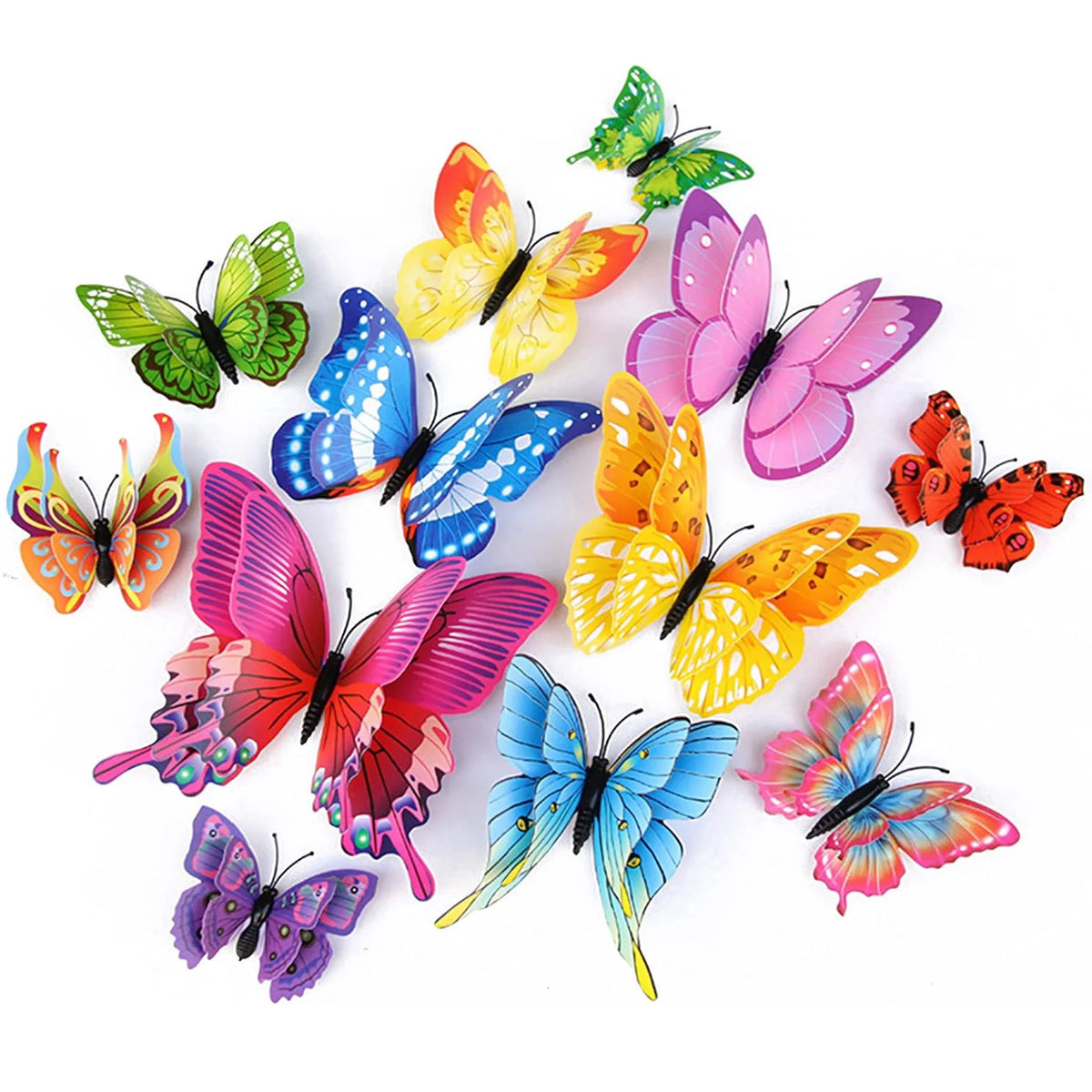 A set of twelve colorful 3D magnetic butterfly wall decor pieces in various shades of pink, purple, yellow, and green.