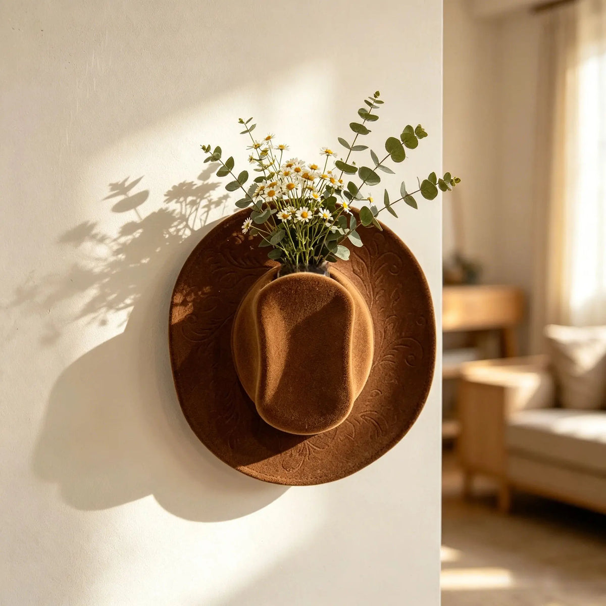 A brown felt cowboy hat serves as a wall vase holding a small bouquet of yellow wildflowers.