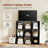 A black wooden media stand organizer with multiple open shelves holding electronics and accessories.