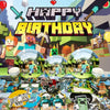 A colorful cartoon birthday party decoration kit featuring balloons, tableware, and themed graphics.
