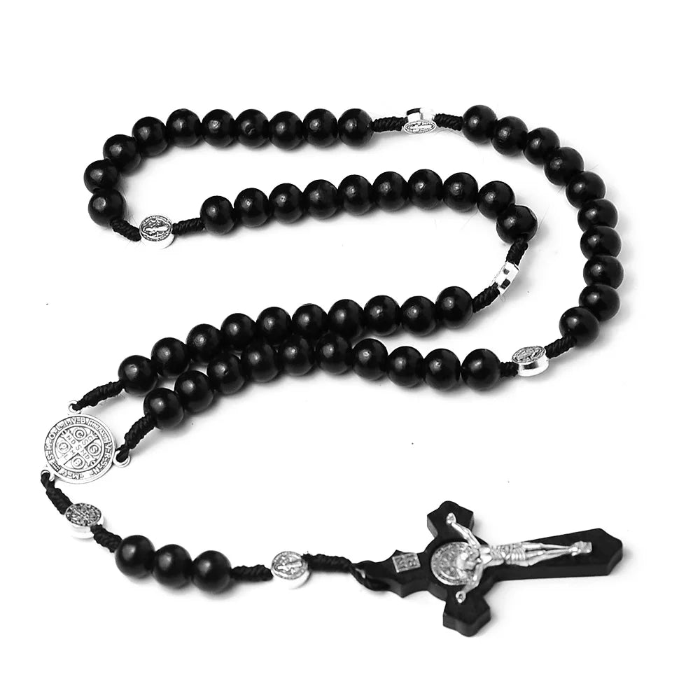 Black wooden bead rosary cross necklace for men and women