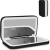 A portable touch screen makeup mirror with a black frame and silver display showing 10x and 1x magnification options.