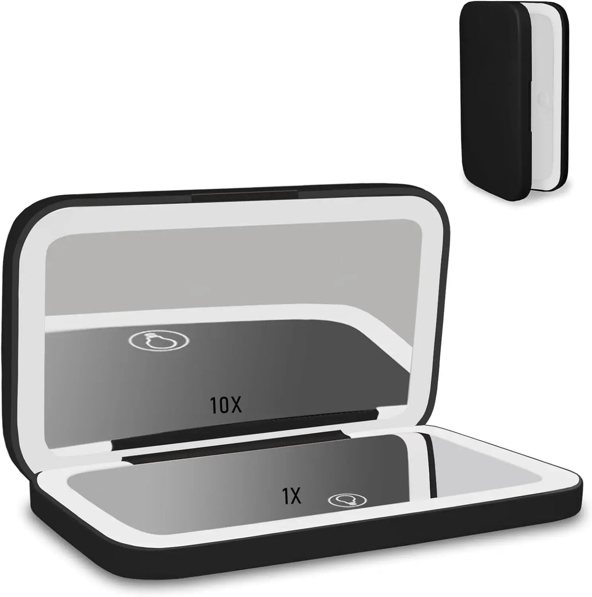 A portable touch screen makeup mirror with a black frame and silver display showing 10x and 1x magnification options.