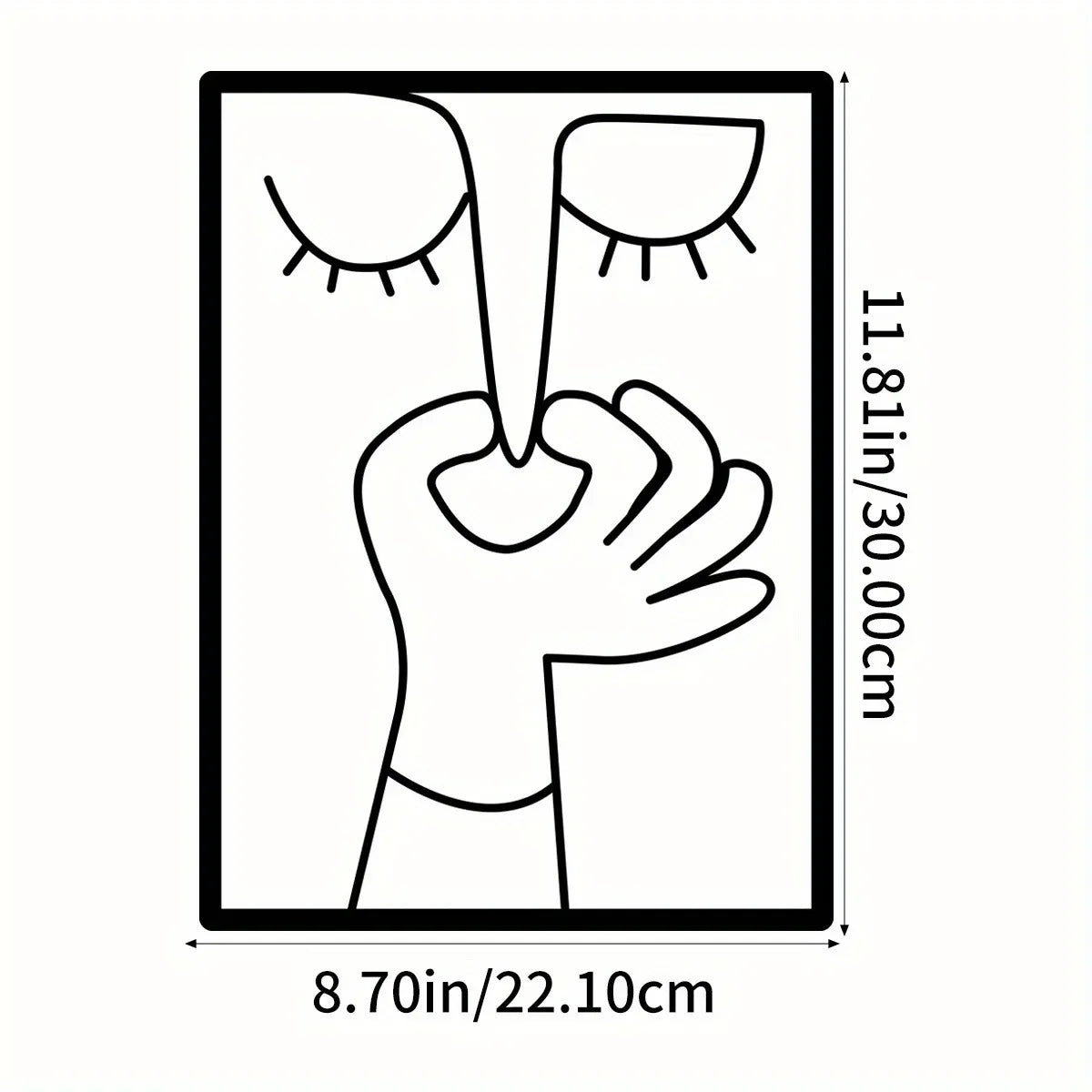 Line art drawing of a face and hand on a square piece of metal wall art