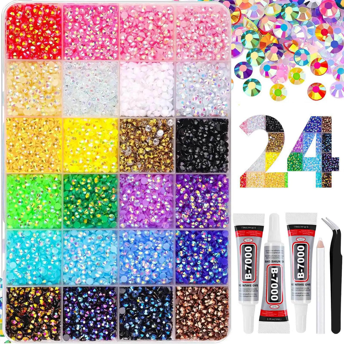 A grid display of various colored and glittery resin rhinestones and flatback gems for DIY crafts.