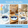 A set of blue dog themed disposable tableware including plates and cups for parties and gatherings.