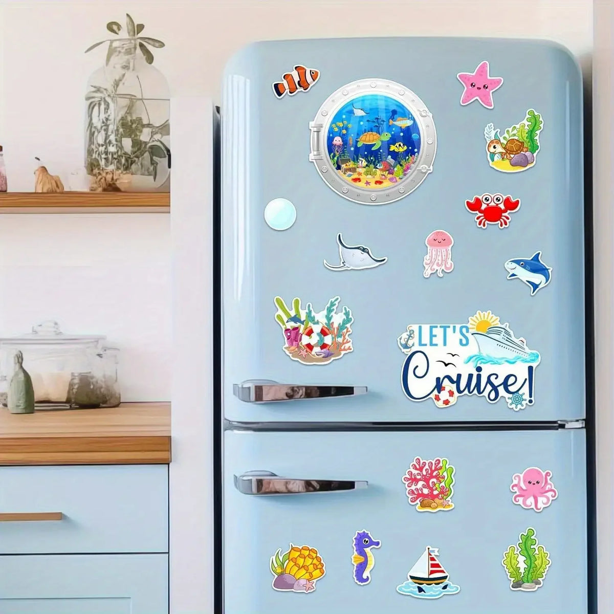A refrigerator door decorated with various colorful ocean and sea life magnets.